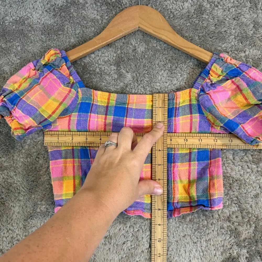 Old Navy Short Puff-Sleeve Linen Smocked Crop Top Girls Madras Plaid 8 Pink Blue